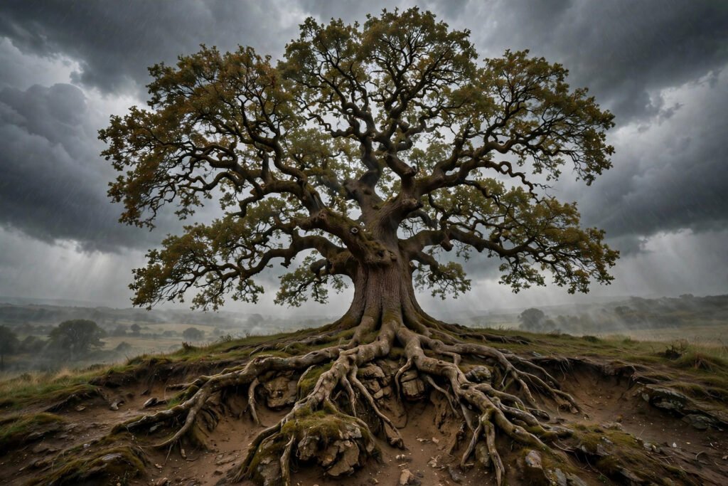 Oak tree standing tall against a stormy sky with deep roots, for strength quotes