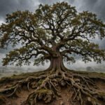 Oak tree standing tall against a stormy sky with deep roots, for strength quotes