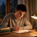 Student studying at a tidy desk under warm lamplight, for study motivation quotes