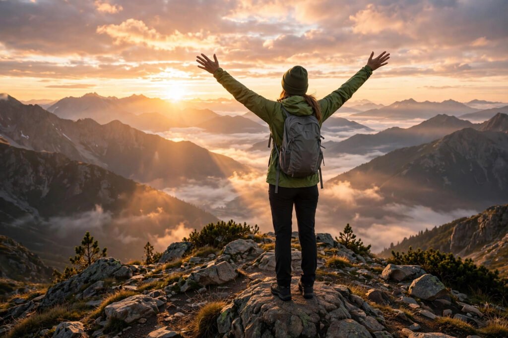 Person standing on a mountain summit at sunrise with arms raised, for success quotes