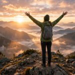 Person standing on a mountain summit at sunrise with arms raised, for success quotes